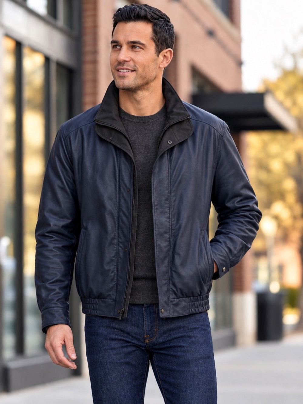 NWT Johnston & Murphy Navy Leather Bomber Jacket